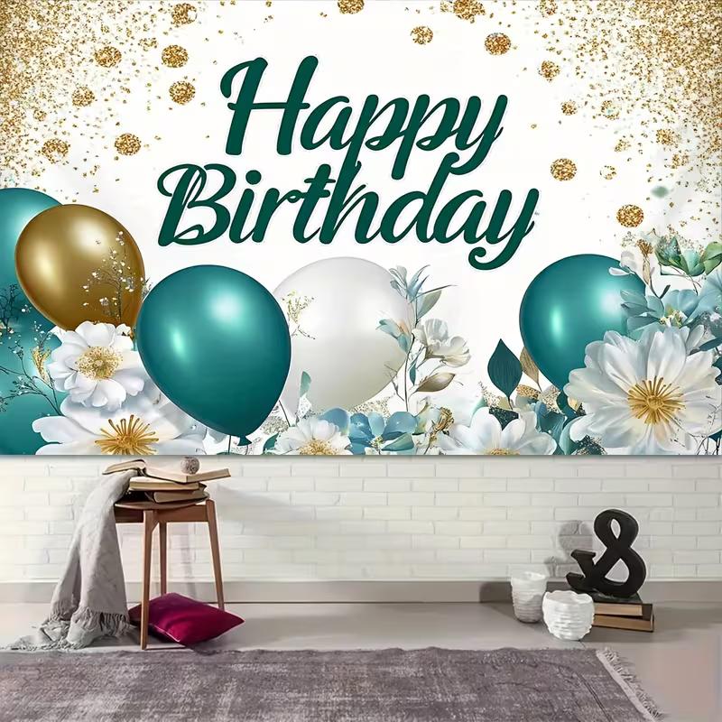 2D Teal Gold Happy Birthday Backdrop Floral Balloon Glitter Party Photography Banner