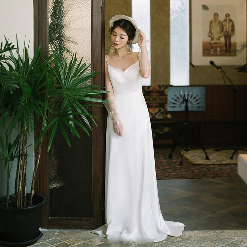 Light Wedding Dress Camisole Style 1011 New Bridal Wedding Toast Dress, Satin Minimalist Forest Style Travel Photography Studio