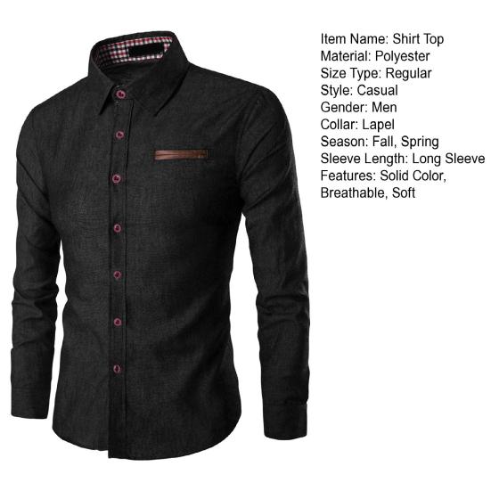 Men Spring Autumn Shirt Solid Color Long Sleeve Single-breasted Versatile Slim Fit Lapel Shirt Top Streetwear