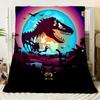 Vibrant Tyrannosaurus Rex Dinosaur and Glowing Blue Moon Blanket - Surreal Retro-Futuristic Soft Throw Blanket for Home Decor, P