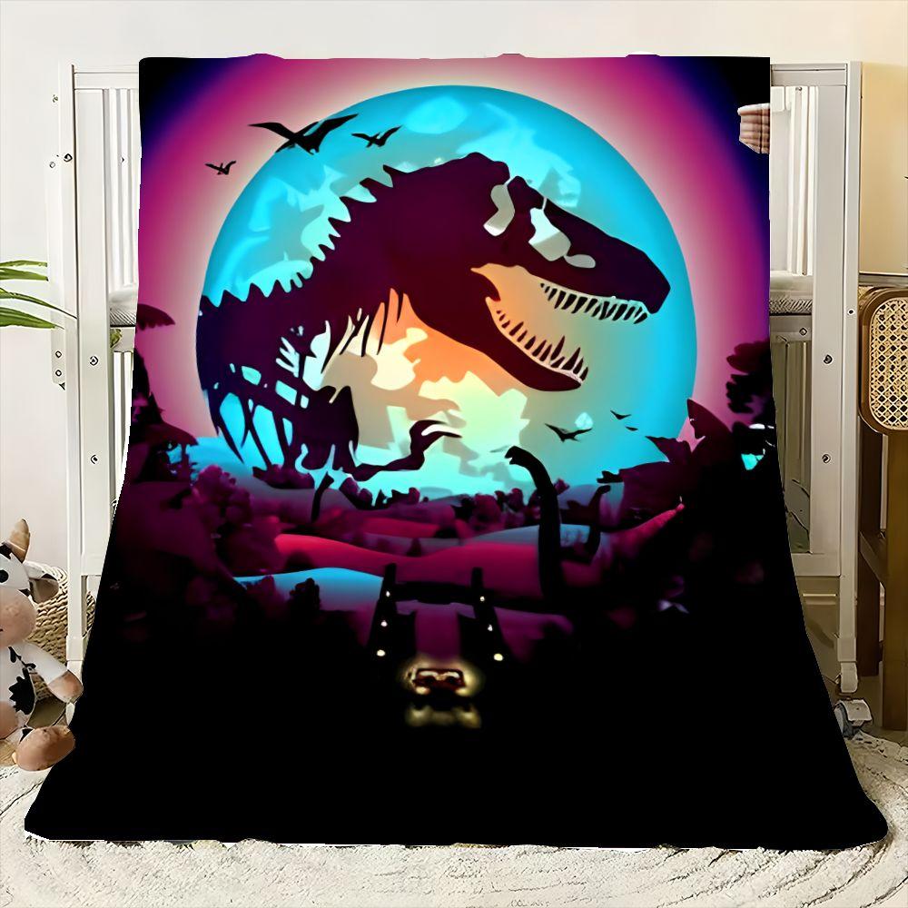 Vibrant Tyrannosaurus Rex Dinosaur and Glowing Blue Moon Blanket - Surreal Retro-Futuristic Soft Throw Blanket for Home Decor, P