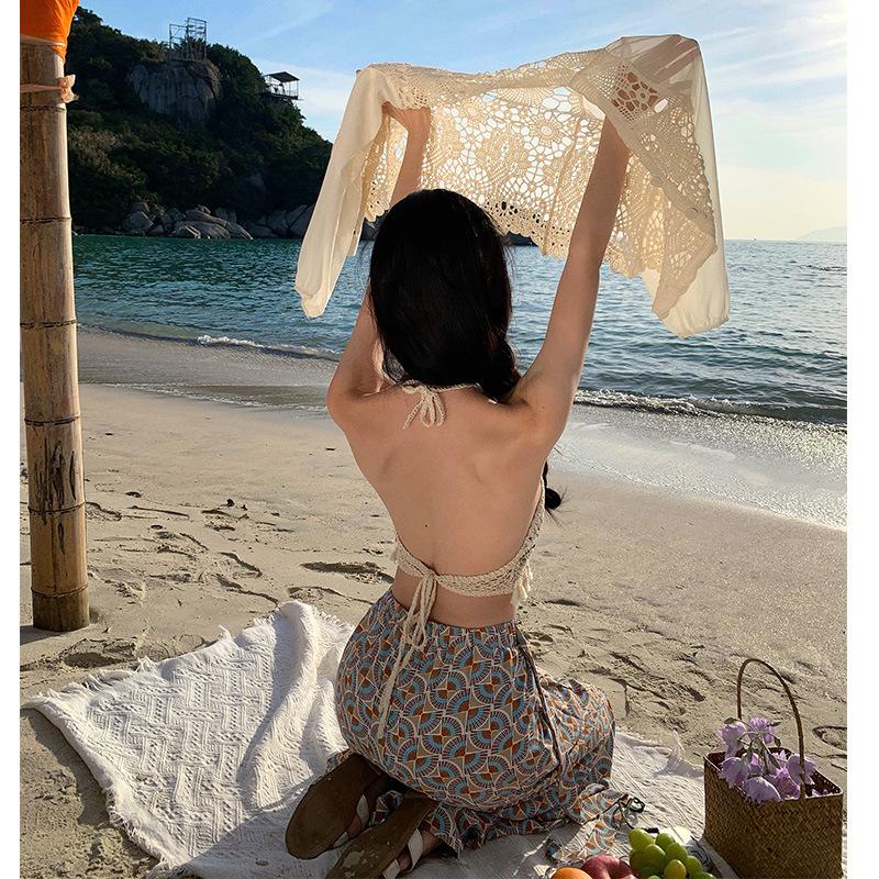 Bohemian Style Seaside Vacation Set Sanya Travel Chiffon Split Ethnic Style Wide-leg Trousers Set