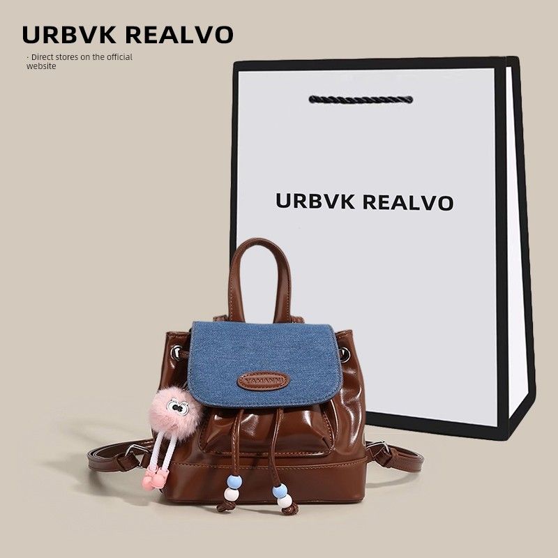 

Ur Women s Bag 2025 New Retro Cute Denim Contrast Color Backpack Portable Girl Student Schoolbag Backpack Fashion Brown(The same gift bag for the store)