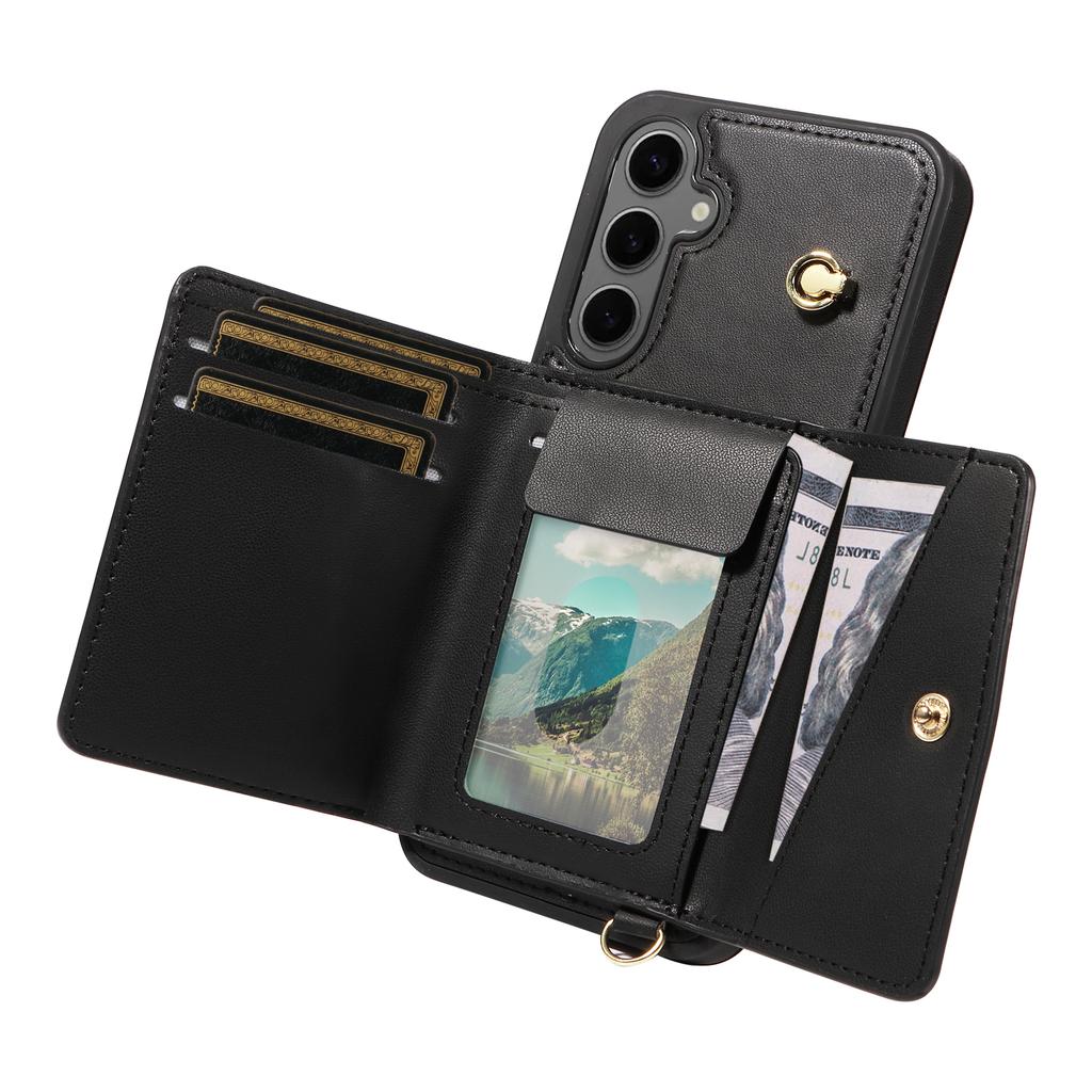 For Samsung Galaxy S24+ Crossbody Phone Case Card Holder Kickstand Leather Coated TPU Mobile Cover
