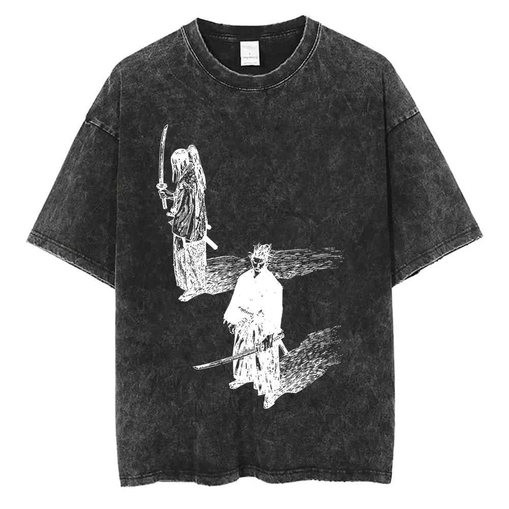 Gewaschenes Vintage Anime Vagabond Miyamoto Musashi Kirschblüten Grafik T-Shirt Herren Damen Lässiges Oversized T-Shirt 90er Jahre Streetwear