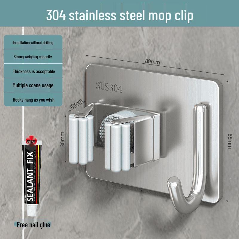 Stansfri väggmonterad mopphållarklämma, Stark förvaringsorganisatör för badrum och kök