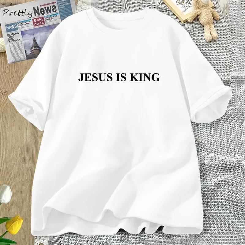 JEZUS JEST KRÓLEM Koszulki graficzne Chrześcijańska koszulka Niedzielne nabożeństwo Religijna koszulka Bawełniana z krótkim rękawem Odzież damska Topy