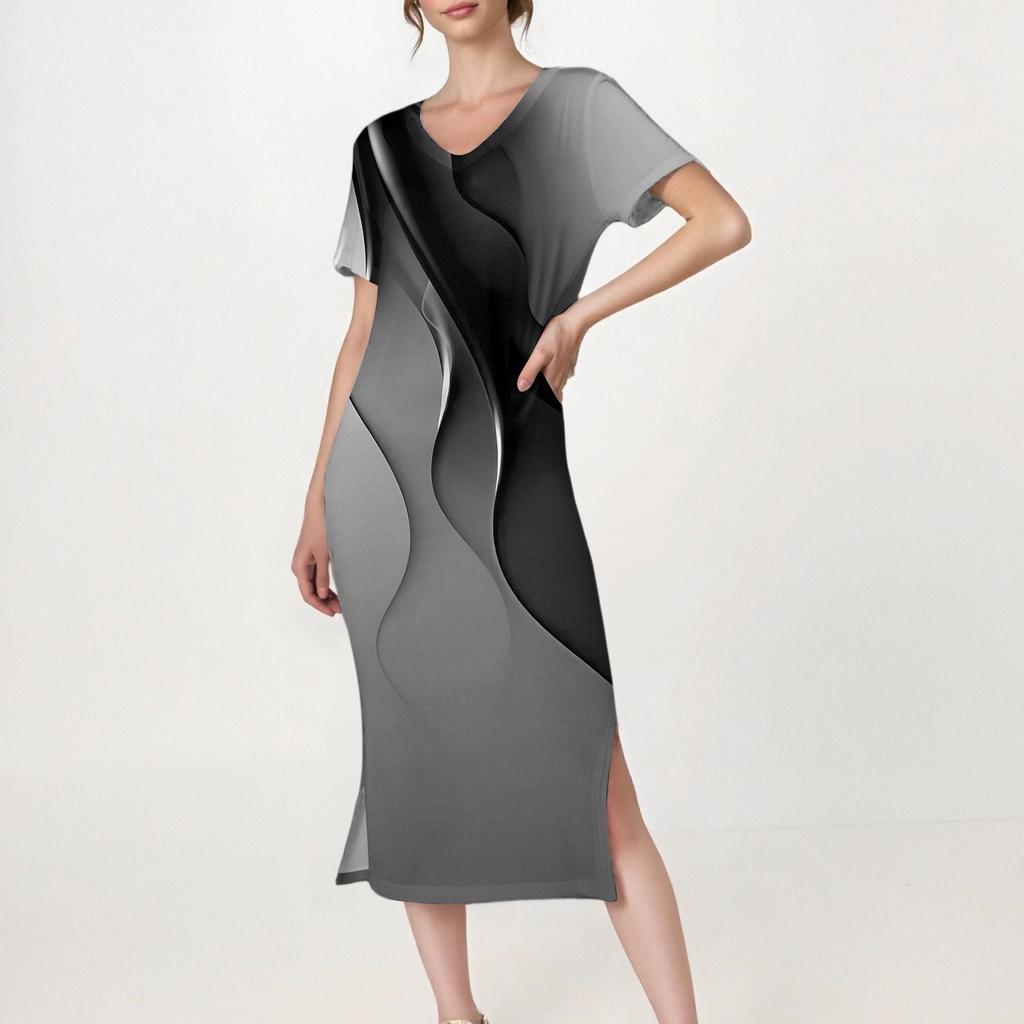 Women's Casual Print V-Neck Short Sleeve Hem Slit Dress With Pockets