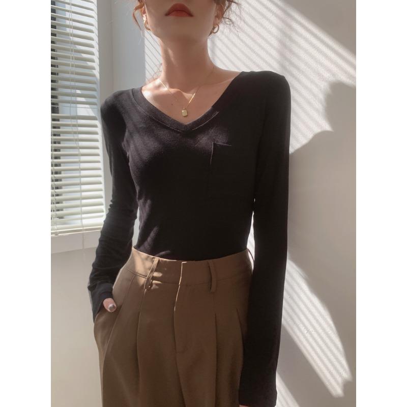 Women Simple Solid V Neck Slim Fit Long Sleeve Inner T Shirt Top