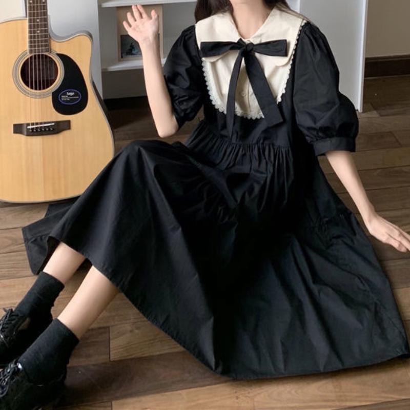 KOSY Puff Sleeve Sundress Women A Line Elegant Vintage Sweet Girl Fashion Midi Dresses Preppy Style Black Dress