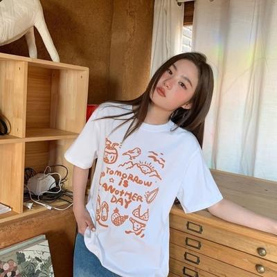 American Style Round Neck Printed Short Sleeve Pure Cotton Summer New Loose T-shirt Women's Cute Fashion