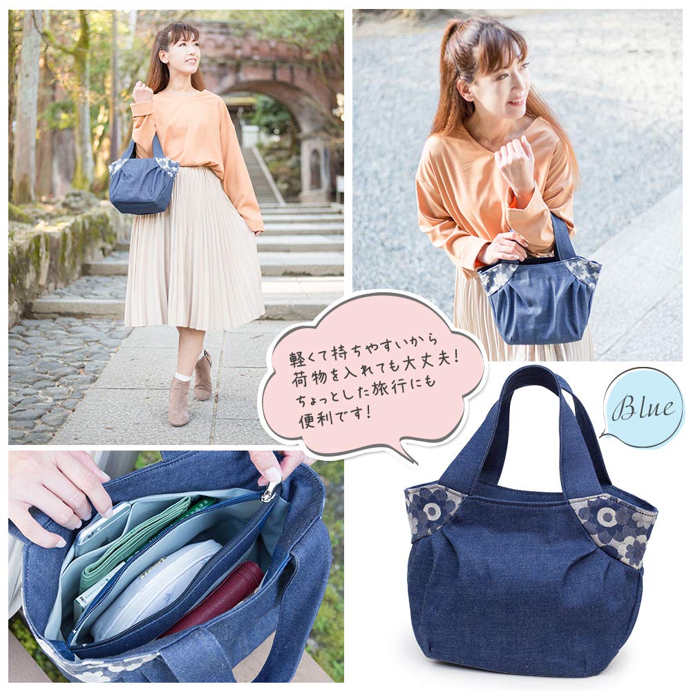 Creare Kiki Damen Kleine Reißverschluss-Tragetasche, Leicht, Hergestellt in Japan mit Okayama-Denim, Margaret-Muster, Friedensdesign und Faltbarem Griff,