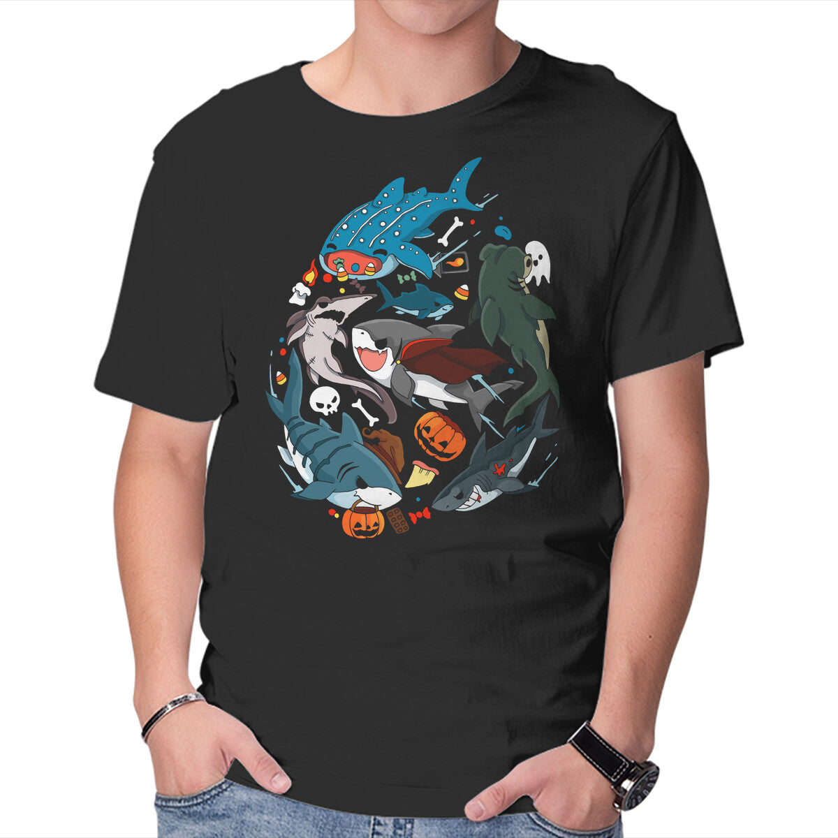 Unisex Crew Neck T-Shirt Halloween Sharks Graphic Short Sleeve Casual Tee S