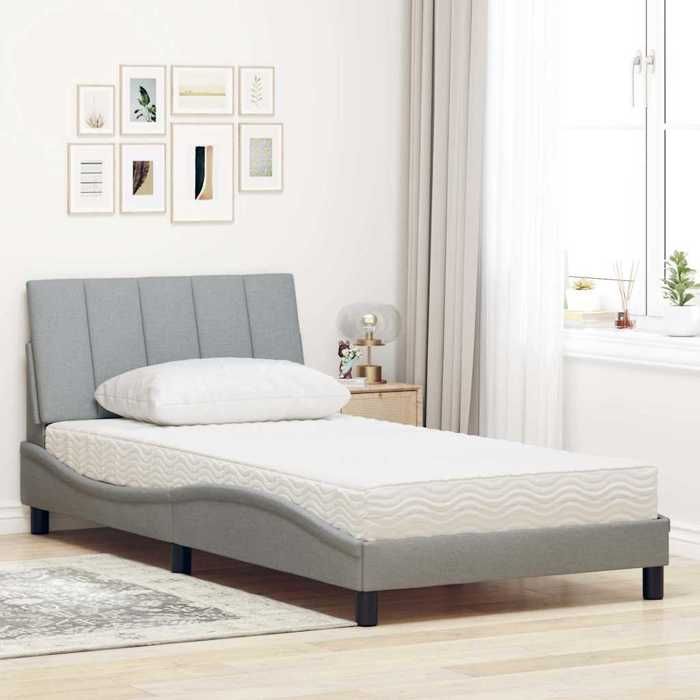 VidaXL Lit avec matelas gris clair 100x200 cm tissu, meuble de chambre à coucher, lit simple, lit à panneaux, sommier, lit 3310510