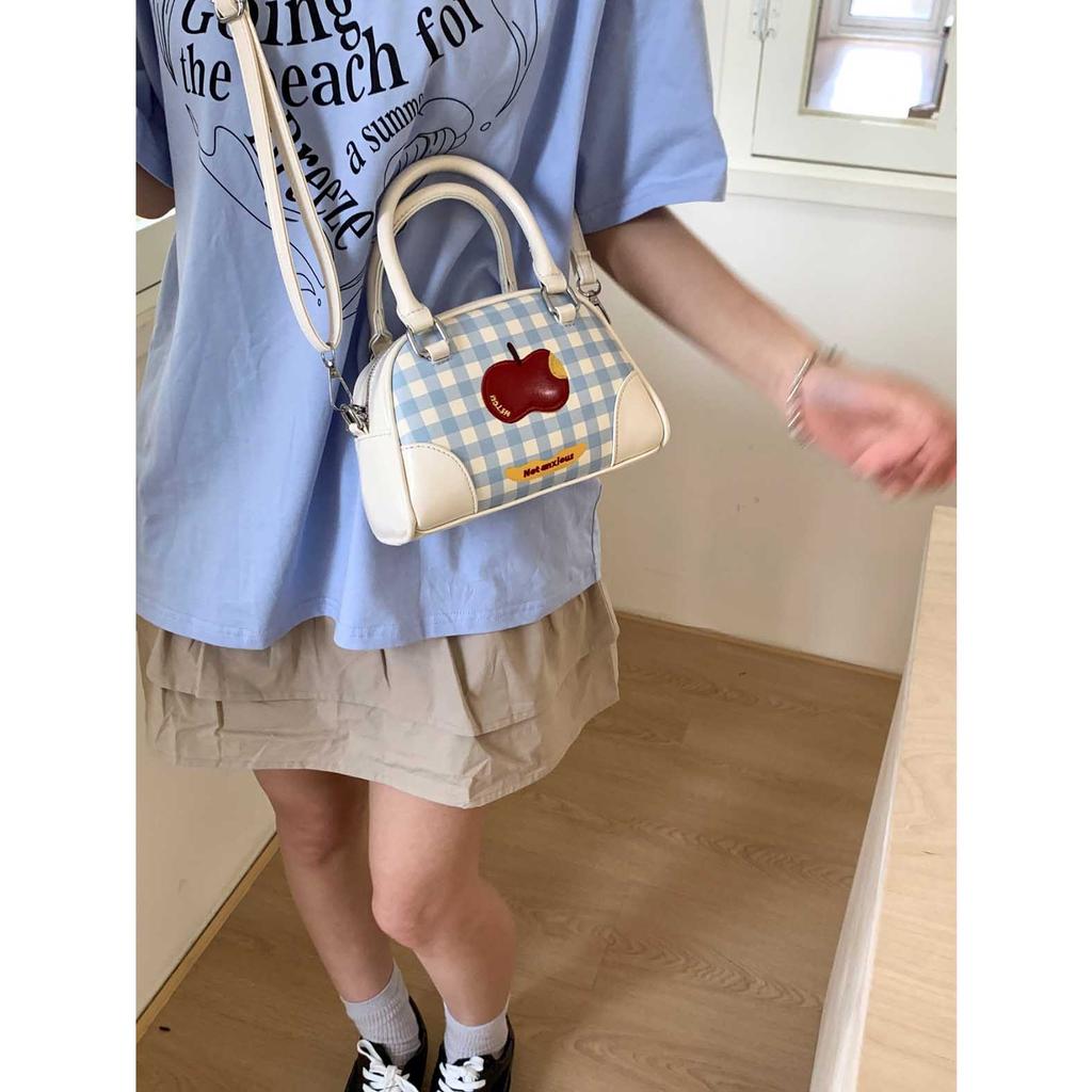 Handheld Red Apple Bag for Women 2026 New Fashiable Korean Versi Bowling Bag Versatile Crossbody Checkered Shell Bag