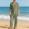 Men Loose Casual Breathable V Neck Long Sleeve Henley Shirt And Long Pants Set