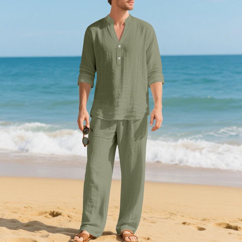 Men Loose Casual Breathable V Neck Long Sleeve Henley Shirt And Long Pants Set