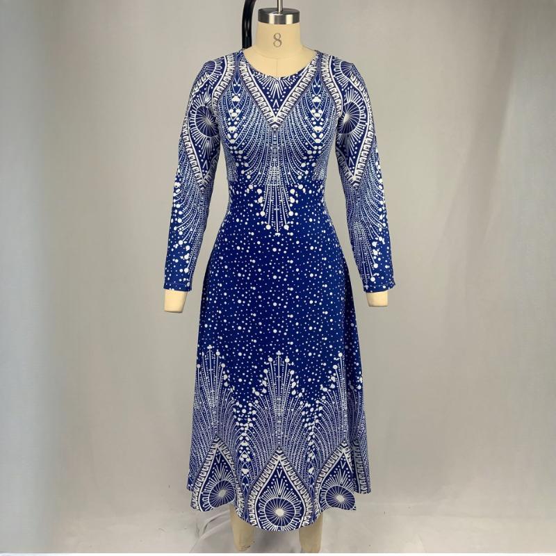 QICED Women's O-neck Vintage Print Long Sleeve Maxi Dress Spring Autumn