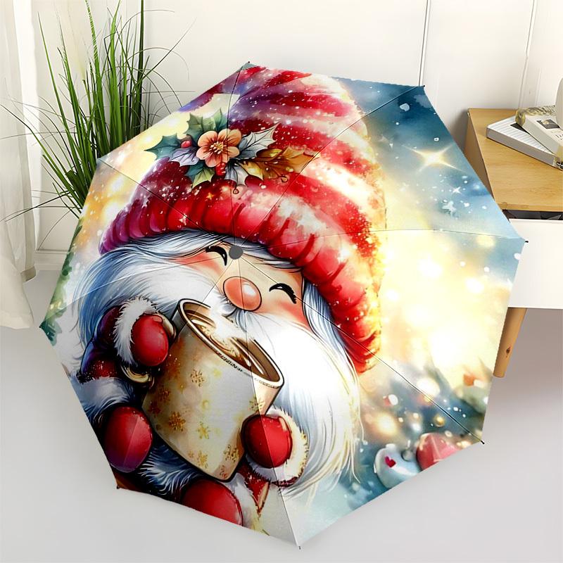 1pc Christmas Gnome with Festive Flowers: Automatic Opening/Closing Umbrella, Portable 3-Fold Design, 8-Bone Iron Frame Outdoor Umbrella, Perfect Gift