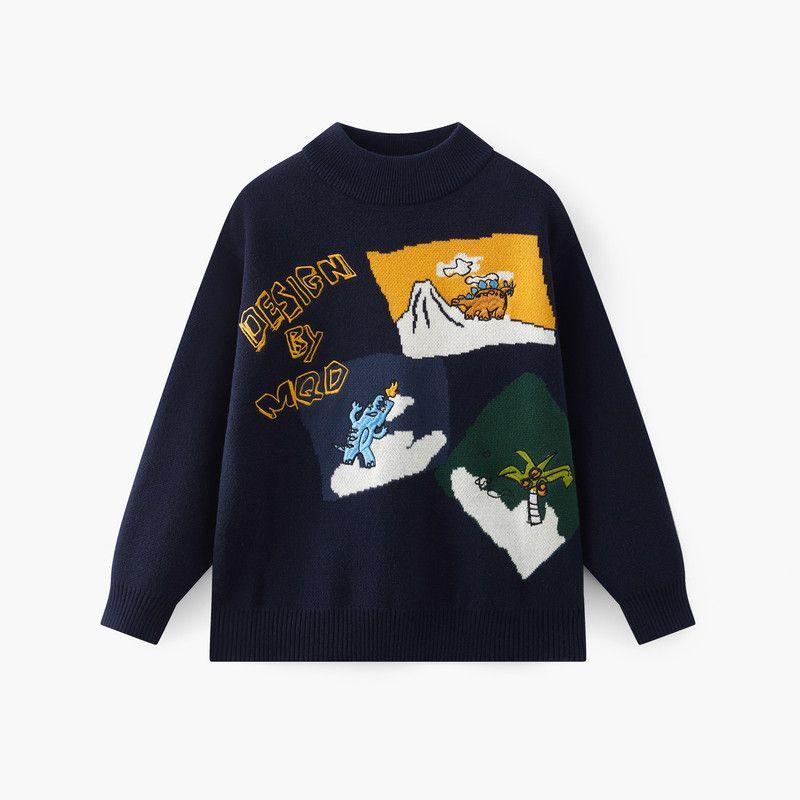 [Vip] Mqd Children s Clothing Boys  Sweater 2025 Autumn and Winter New Style Kids  Half-Turtleneck Base Knit Sweater Cartoon Design Tibetan youth 110