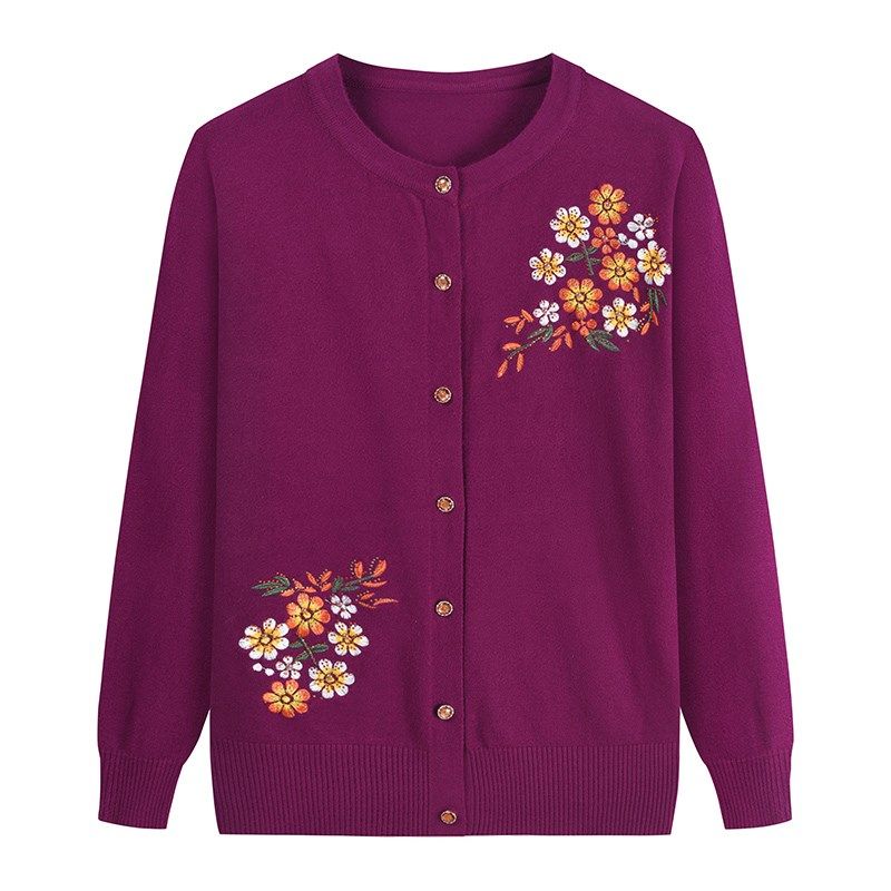 Spring Autumn Women's Thin Knit Cardigan Loose Fit Round Neck Printed Knit Cardigan