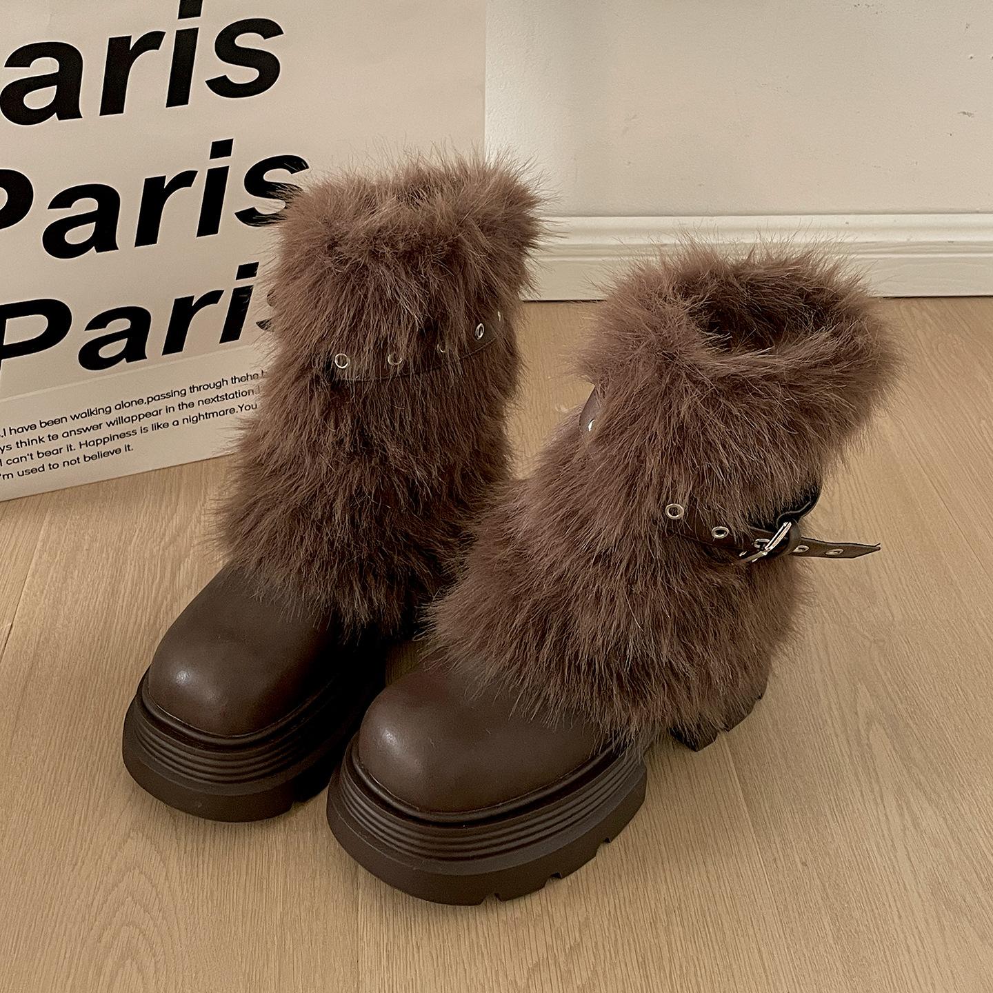 

Winter Women s Retro Chunky Snow Boots Fur Platform High Heels Shoes for Women Solid Belt Buckle Warm Furry Cotton Short Botas 35 коричневый
