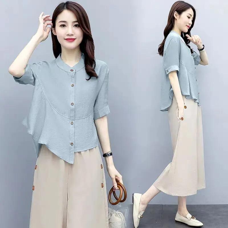 Damen Sommer Freizeitanzug Mittleren Alters Mama Temperament Unregelmäßiges Kurzarm-Oberteil + Weitbeinige Hose Ethnischer Stil Zweiteiliger Anzug