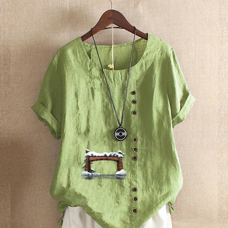 

Женская модная футболка с круглым вырезом и коротким рукавом, повседневная рубашка из хлопка и льна с рисунком, свободная летняя блузка с принтом на двери, топы 5XL зелёный