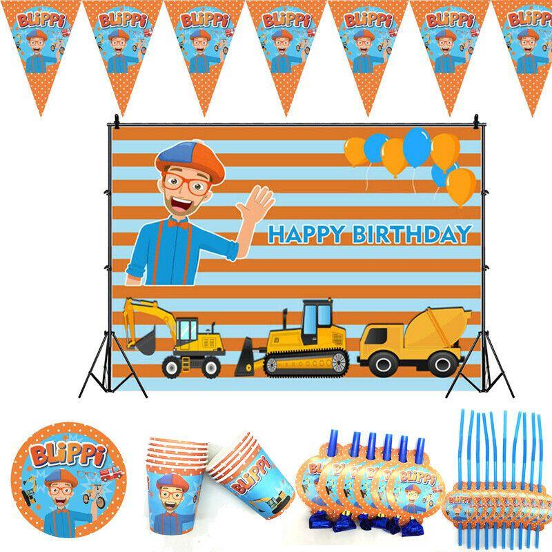 Birthday Party Blippi Supplies Paper Cups Plates Banner Straw Kids Balloon Decor
