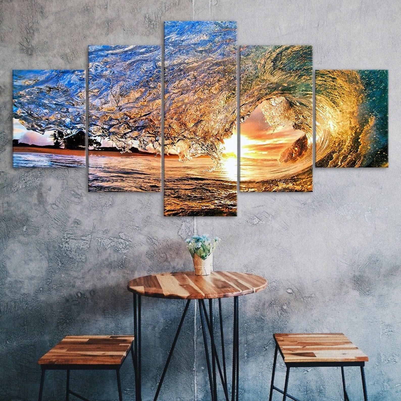 

Ocean Wave Sunset Beach Scenery 5 Piece Five Panel Canvas Print Modern Wall Art Poster Home Decor Gift For Him For Her 20X35 20X45 20X55CM