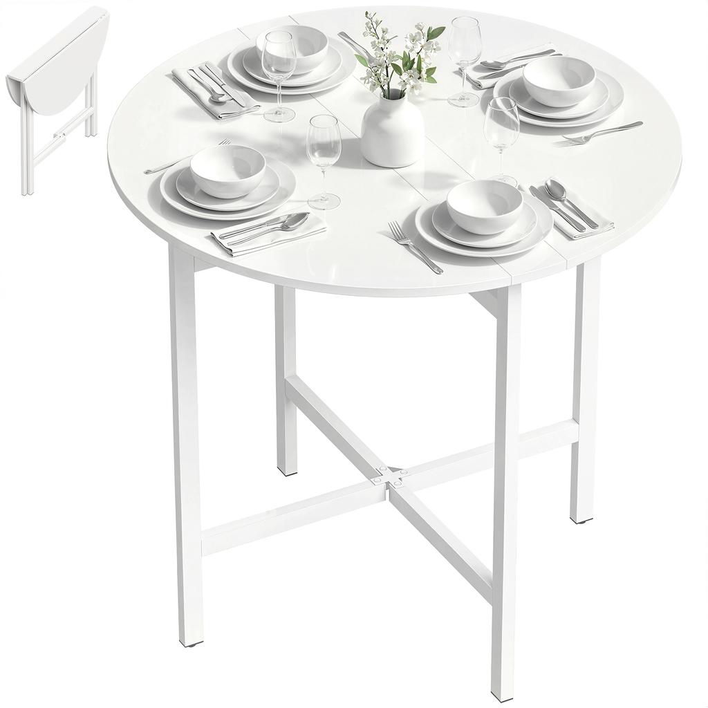Collapsible Drop Leaf Table, Folding Dining Table for Small Spaces, Extendable Kitchen Table with Steel Frame, White