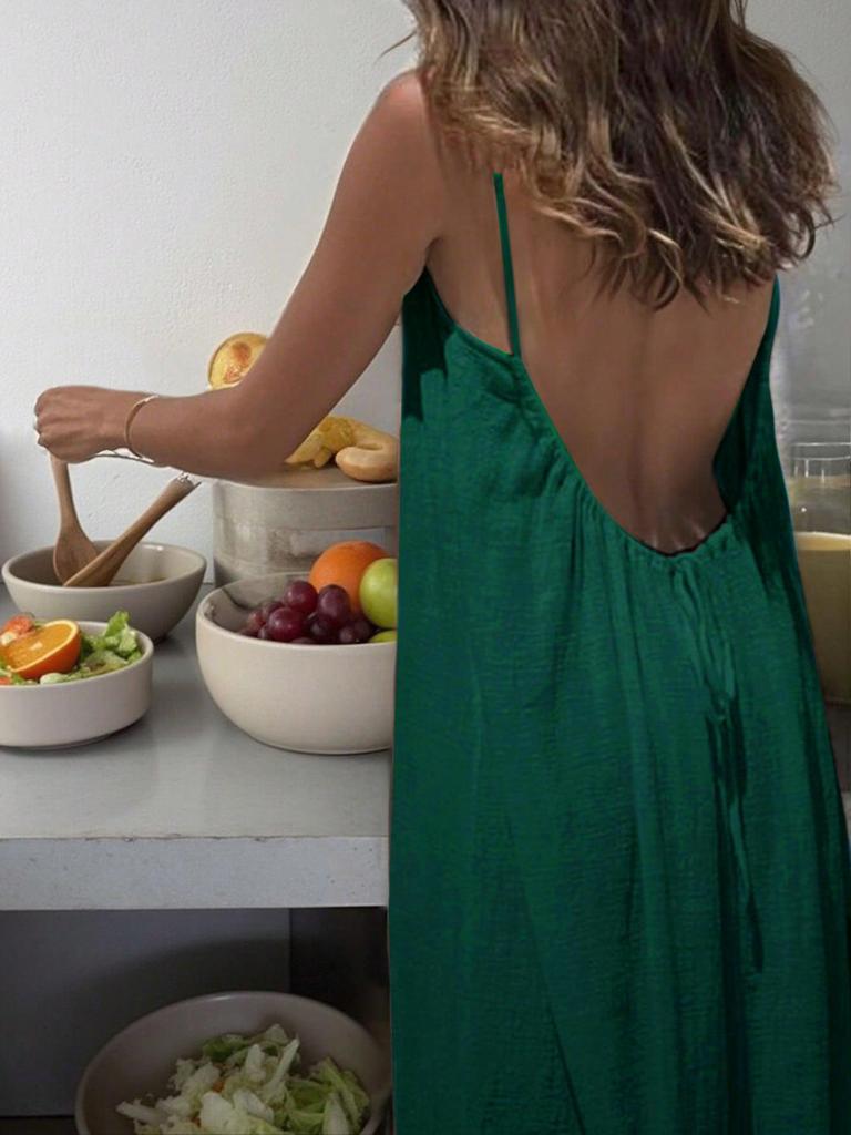 Backless Strappy Long Ice Silk Crinkle Dress - Summer 2026 Solid Color Shirring Beach Vacation Women's Clothing