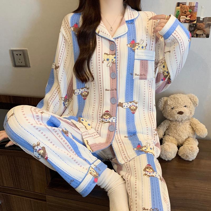 Air cotton pajamas women's autumn and winter long sleeves thickened interlayer warm stars cat student loungewear real shot