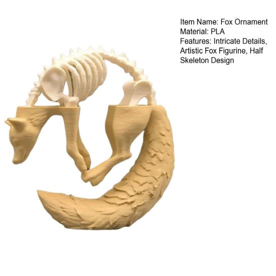 3D Printed Fox Ornament Half Skeleton Half Flesh Curled-up Fox Figurine Artistic Fox Statue Collectible for Table Shelf Decoration