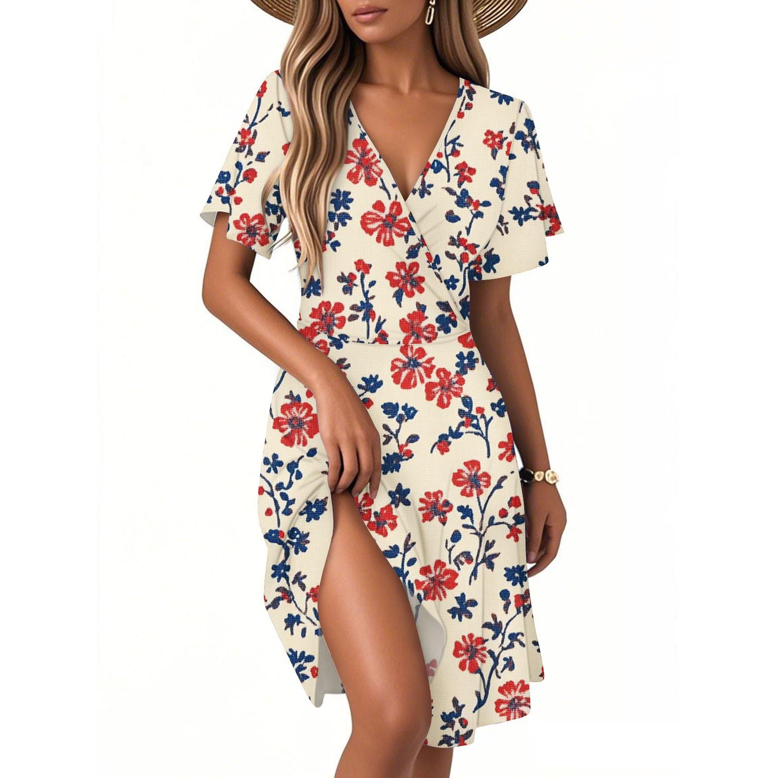 

Женское повседневное модное платье с винтажным цветочным принтом и коротким рукавом и V-образным вырезом M розовый