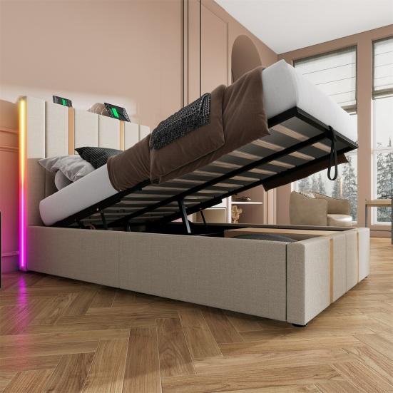 Double Bed Linen Cover Charging Function with Storage Space Mattress Headboard Soft App Control Strong Wood Slat Support Bedroom Furniture LED Light