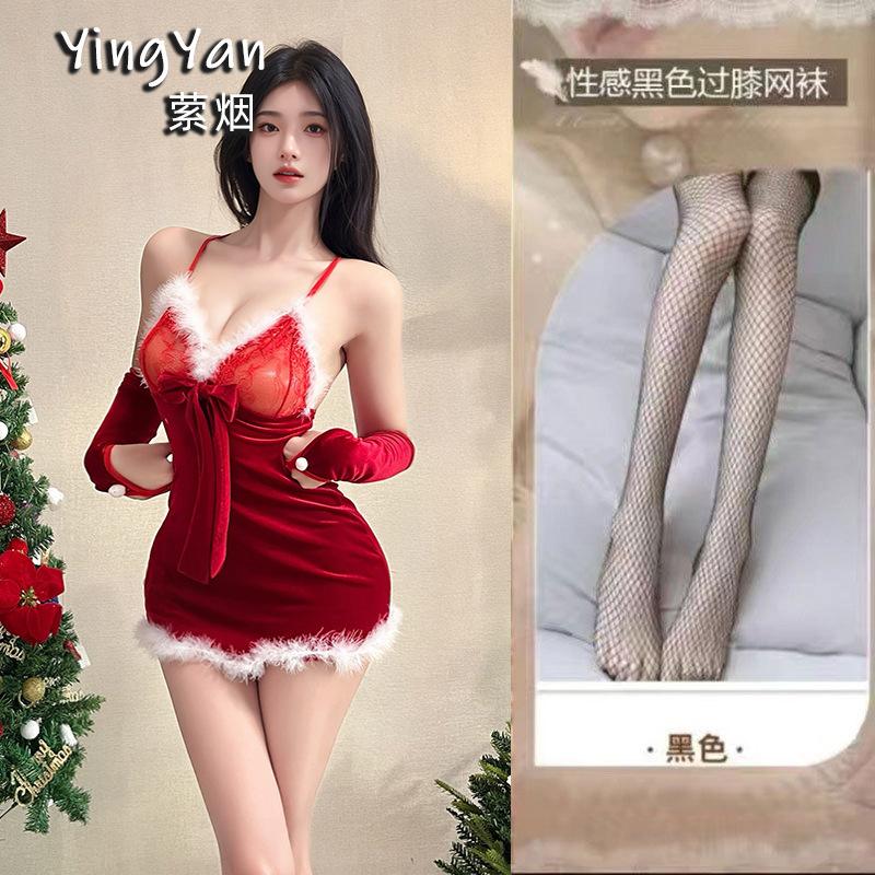 Erotic underwear women's sexy plush suspender nightdress short skirt Christmas dress battle robe passion free uniform suit