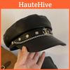 Schwarze PU-Leder Militärkappe Winter Flache Kappe Mit Sonnenschirm Für Modebewusste Frauen