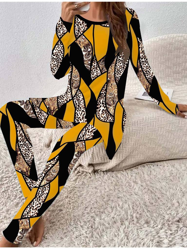 Euro-American Fashion 3D Retro Printed Women's Four-season Long-sleeved T-shirt + Long Pants Two-piece Set. Perfect Gift for New Year & Christmas