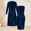 Women Plus Size Dark Blue Printed Two Piece Set Sleeveless Bodycon Dress Long Sleeve Open Front Cardigan
