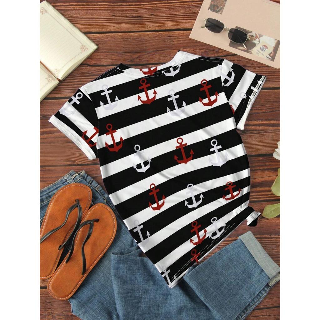 Summer Round Neck 3D Anchor Pattern Stripe Print Top Fashionable Casual Short Sleeved Women's T-shirts