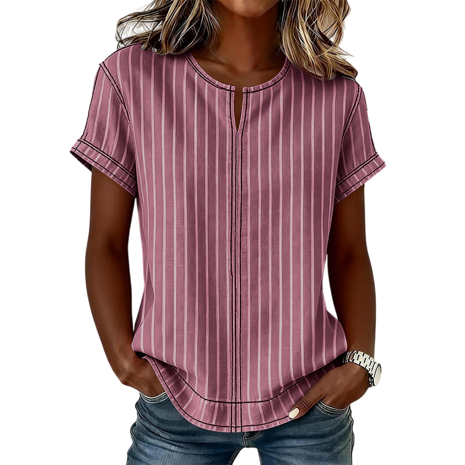 

Women s Casual Loose Fit Short Sleeve T-Shirt with Round Neck Vertical Stripe Pattern Comfortable Lightweight Top for Everyday Wear XL винний