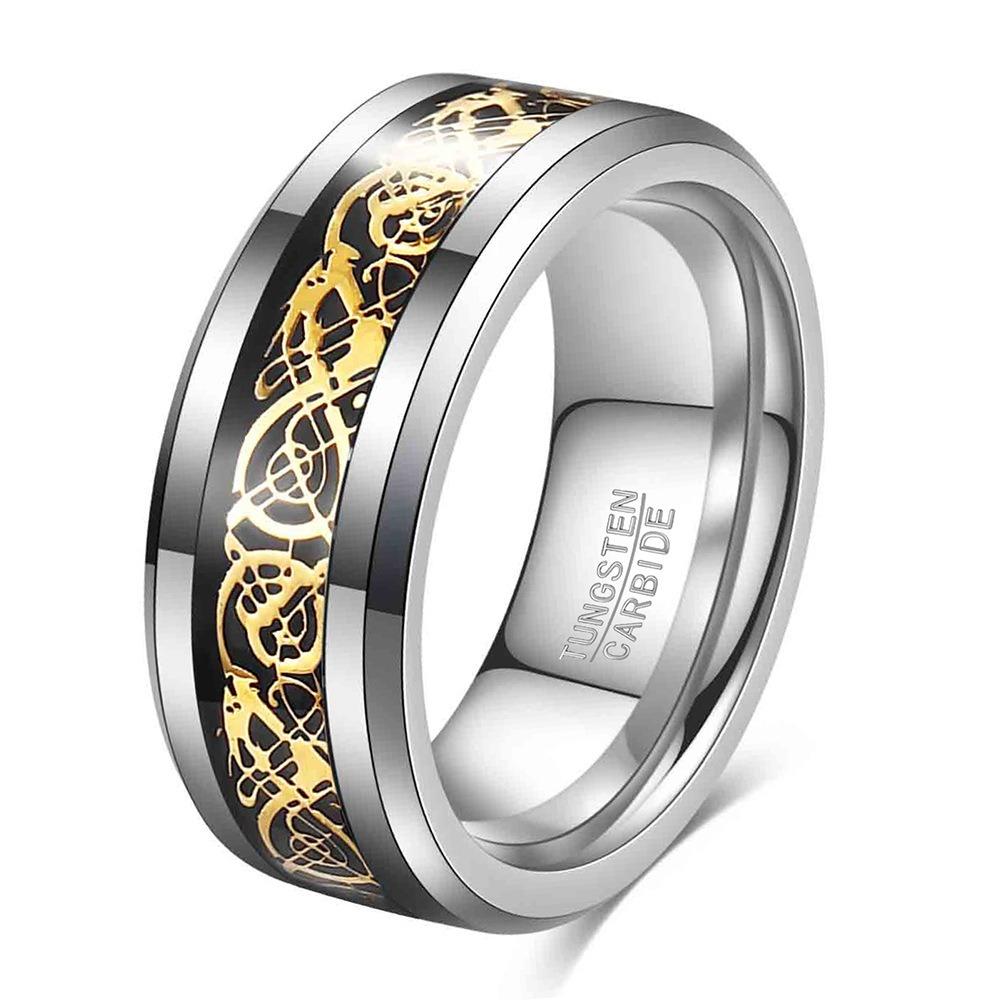 8MM Tungsten Steel Ring with Dragon Design Inlaid Stainless Steel Smooth Finish Mens Jewelry