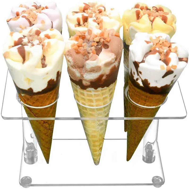 Top Quality 6 Hole Ice Cream Cone Holder Clear Acrylic Waffle Cone Display Stand Roll Sushi Popcorn Rack For Party Kids Birthday