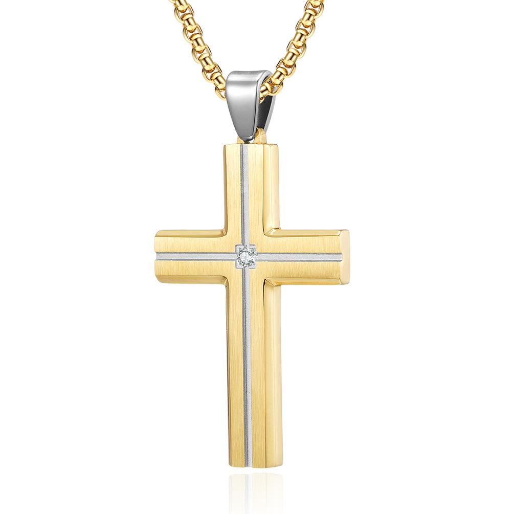 New Beveled Edge Sandblasted Diamond-inlaid Electric Cross Stainless Steel Cross Necklace Pendant Clothing Necklace 60CM