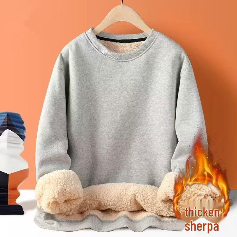 Men's Lambswool Velvet Thickened Hoodie - Warm Autumn/Winter Round Neck Base Layer, Large Size, Versatile Cold Protection.