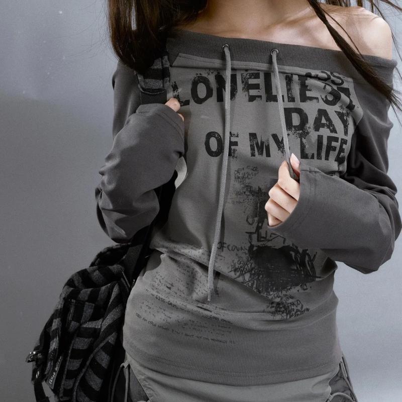 2000s Grunge Vintage Streetwear Mikina Dámská Americká Retro Y2k Harajuku Sexy Estetická Volná Pulovry Nepravidelná Slim Fit Trička