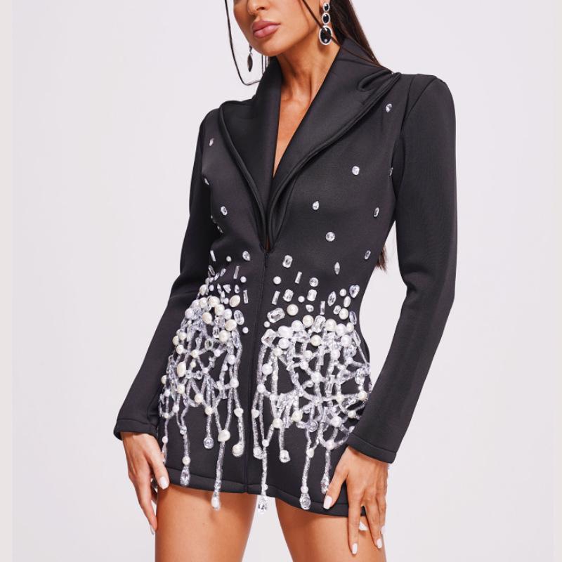 

Luxury Rhinestone Beaded Deep V-Suit Evening Gown Small чёрный