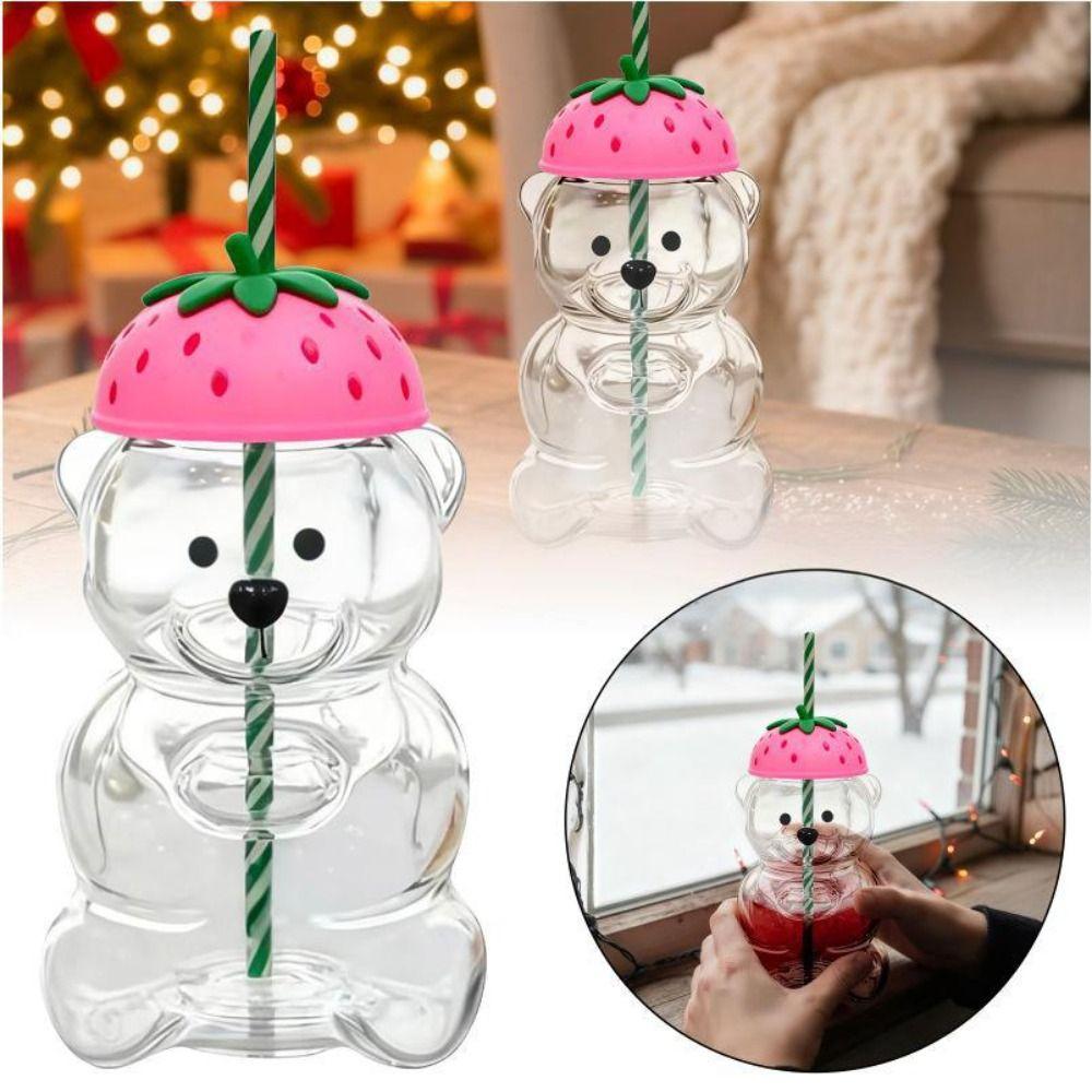 with Lid Bear Glass Cup Transparent Bear Straw Cup Cute Glass Cup with Straw  Parties