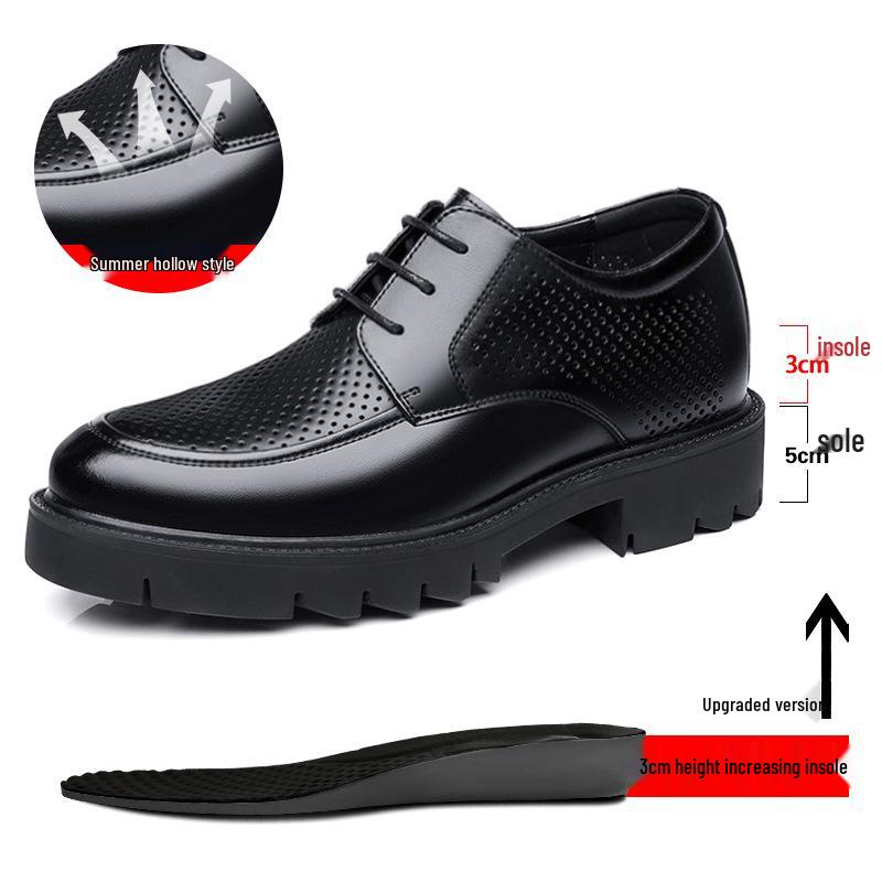 Men's Formal Leather Shoes, Autumn Style, 8CM Inner Lift, Thick Sole, Lace-up, Trendy Big Toe Design.